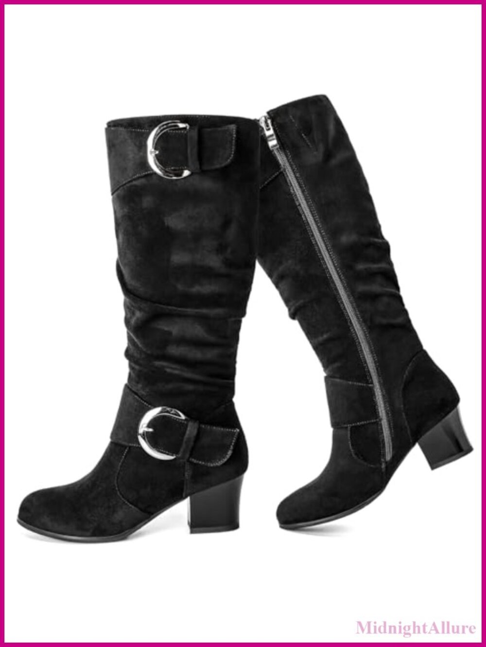 Women's Knee High Slouch Boots Round Toe Buckle Block Mid Heel Tall Boots